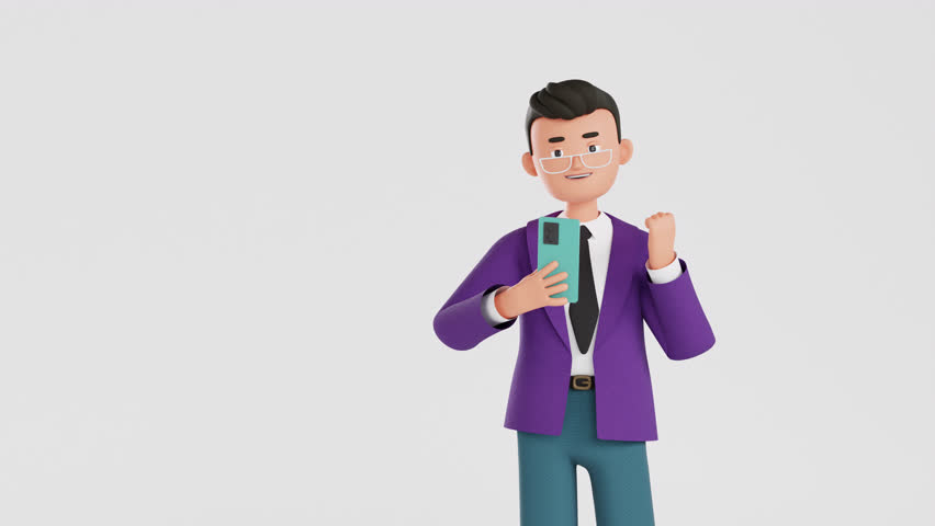 Happy business man showing Yes gesture. smartphone in hand. 3d render character animation. Excited cheerful man celebrates his success, win, achievement, goal, victory, triumph. cartoon stock footage