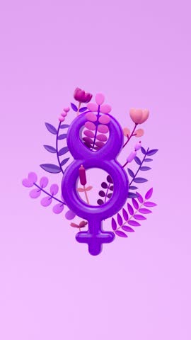 Womens Day looping video for social media with female symbol and number 8 with floral ornaments in 3D animation and copy space. March 8 for feminism, empowerment and activism for women rights