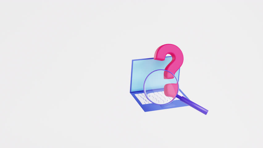 Animation of laptop, magnifying glass and Question mark. Information Search and Online Inquiry. look for answer, find a solution concept. 3d render, cartoon style. Looped motion desing