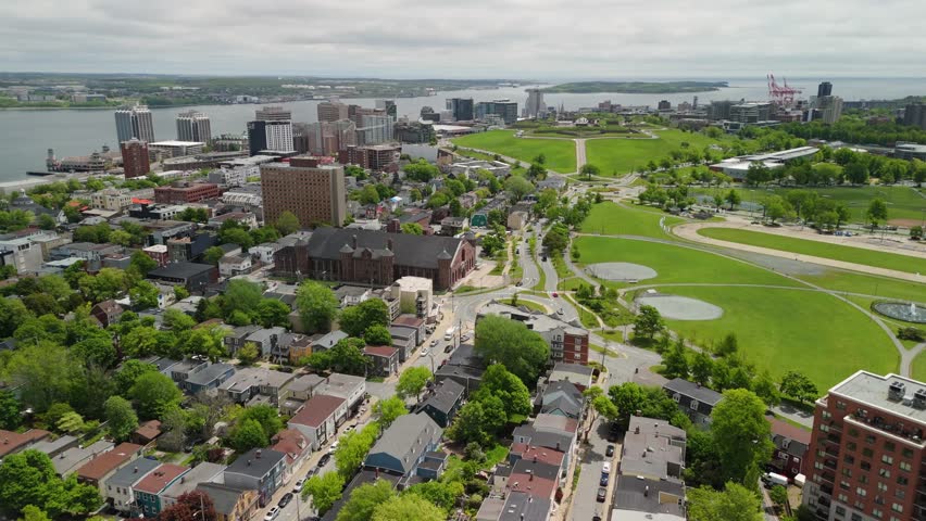 Aerial View Of Halifax, Nova Scotia, Where Modern Skyscrapers Stand Tall Against The Backdrop Of Historic Streets. This View Captures The Dynamic Urban Landscape Of The City.