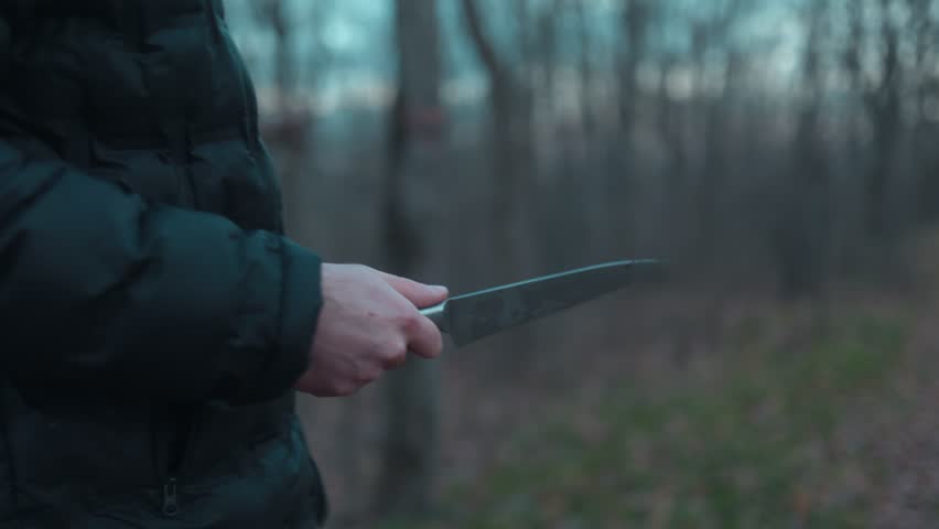 A close up shot of a hand holding a knife in the forest, evoking suspense and danger, surrounded by the eerie ambiance of the woods.