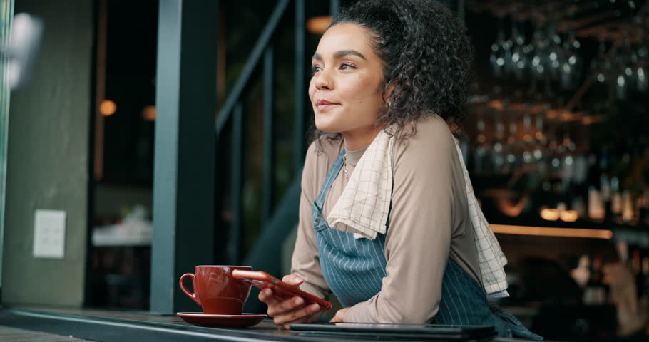 Phone, waitress and thinking with woman in cafe for restaurant promotion, social media post and chat. Hashtag campaign and customer engagement person in coffee shop for loyalty program sign up