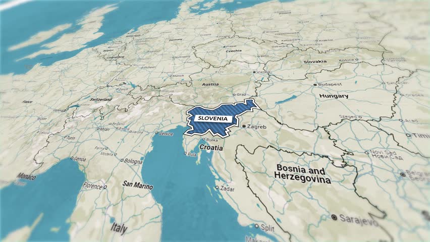 Borders of the state of Slovenia on the map. Country Slovenia on the map is highlighted by a polygonal border. From above zooming in with panoramic view