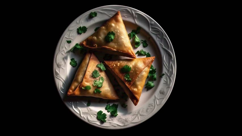 Close-up top view of crispy samosas on a rotating plate against a black background. Perfect for food commercials, menus, and restaurant promos. 4K motion video.