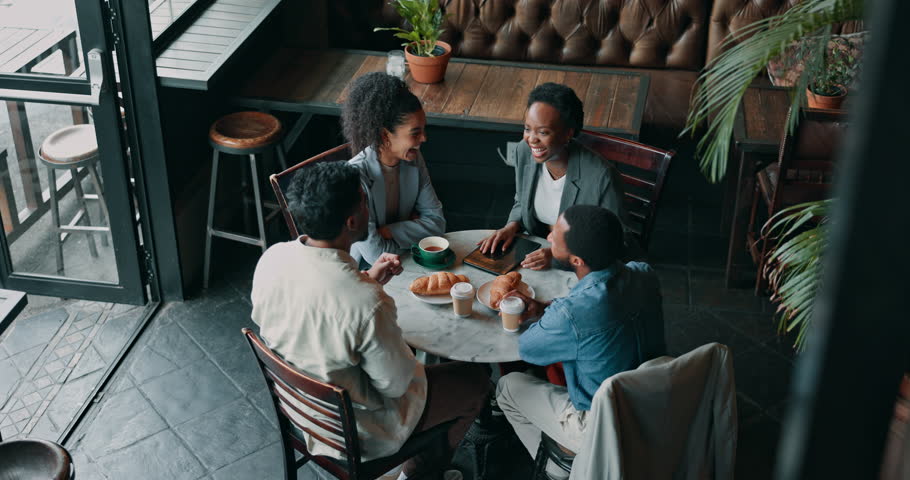 Business people, group and meeting in cafe, talk or laugh at joke at breakfast above. Team, cooperation or discussion at coffee shop together with sustainability manager planning eco friendly project