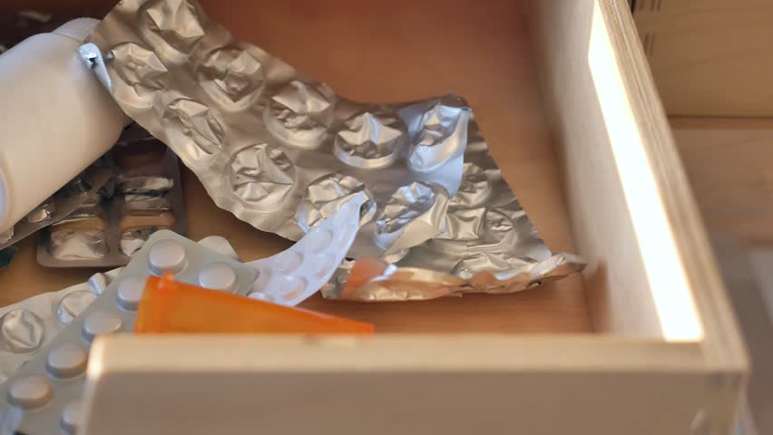 A cluttered drawer of medications and packages