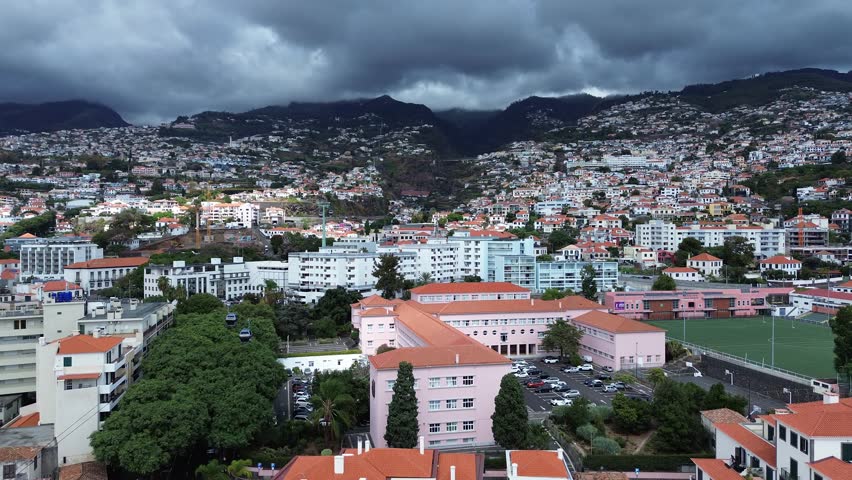 Aerial above Funchal the capital city of Portugal