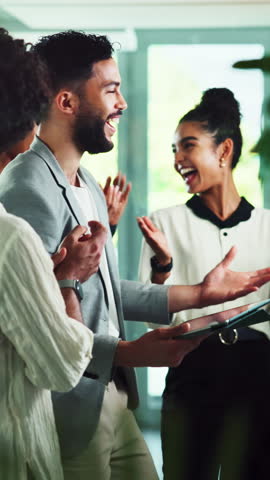 Business, people and applause on tablet in office of article success, project achievement and celebration. Group, staff and clapping of online publication, teamwork reward and winner of press release