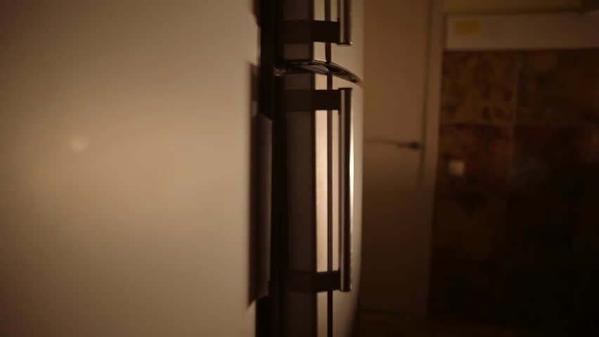 A man opens the refrigerator in the evening and takes food from it
