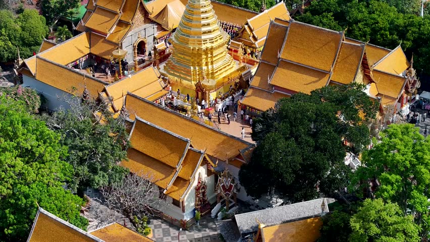 Wat Phra That Doi Suthep Buddhist Temple - Aerial close up crane. Traditional architecture. Chiang Mai
