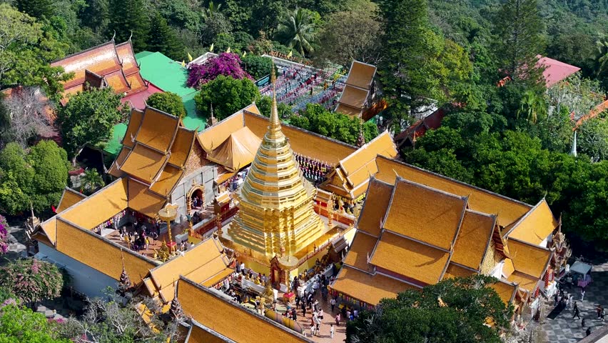 Wat Phra That Doi Suthep Buddhist Temple - Aerial close up crane. Traditional architecture. Chiang Mai