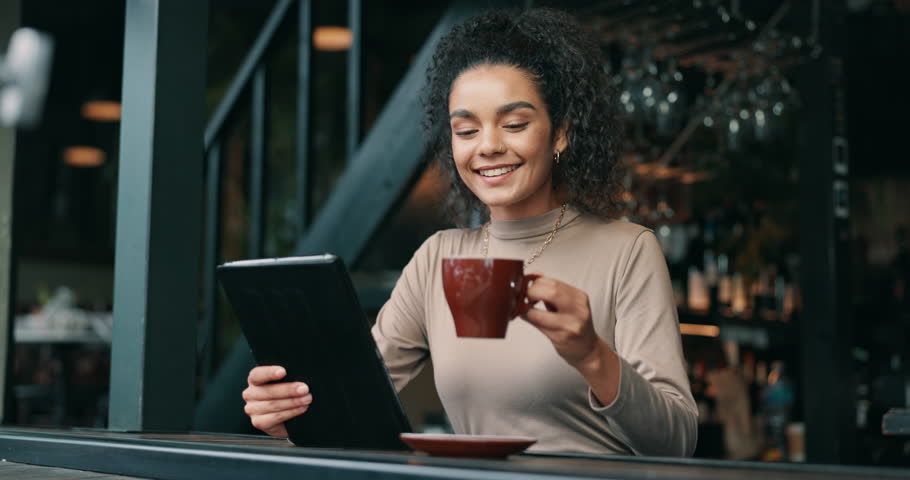 Drink, tablet and thinking with happy woman in coffee shop for planning, research or vision. App, cup and idea with smile of freelance employee at cafe window for remote work as restaurant customer