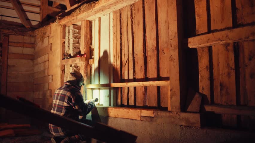 Carpenter With Head Lamp Screwing Wood Plank Inside Barn. Static Shot