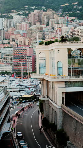 View of boats docked in the Monaco Marina with the skyline of the city on the background. Vertical