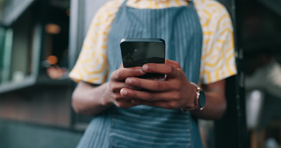 Phone, waiter and hands of person in cafe for restaurant promotion, social media post or chat. Hashtag campaign, customer engagement and closeup of barista in coffee shop for loyalty program sign up