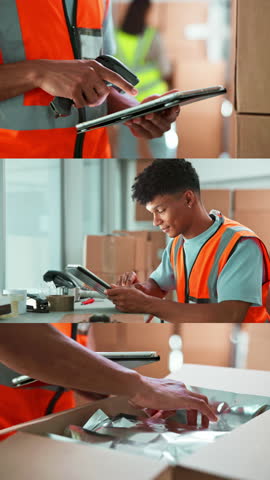 Man, tech or boxes in collage for logistics, delivery procedure or inventory management in warehouse. Employee, tablet or stock in montage for distribution, supply chain or scan for packaging process