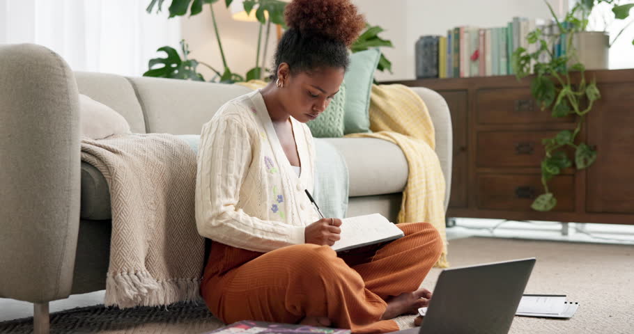Woman, student and notebook with laptop for education, university application and research. African person, writing and information with curriculum, college enrollment and scholarship notification