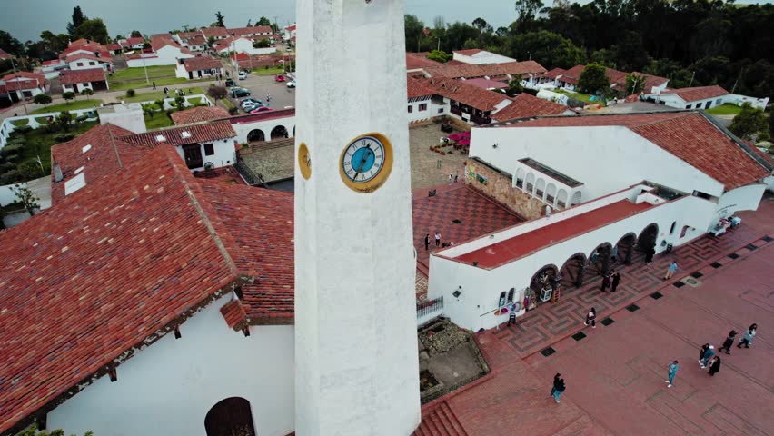 Aerial view Colonial Town Surrounded by Mountains and Lake - Guatavita, Colombia