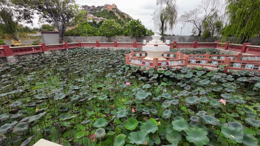 Temple in Vietnam with Pond full of Sea Roses with Buddha Statue in The Middle.
South East Asia Buddhist Temple.
Temple perched on a Mountain in Background