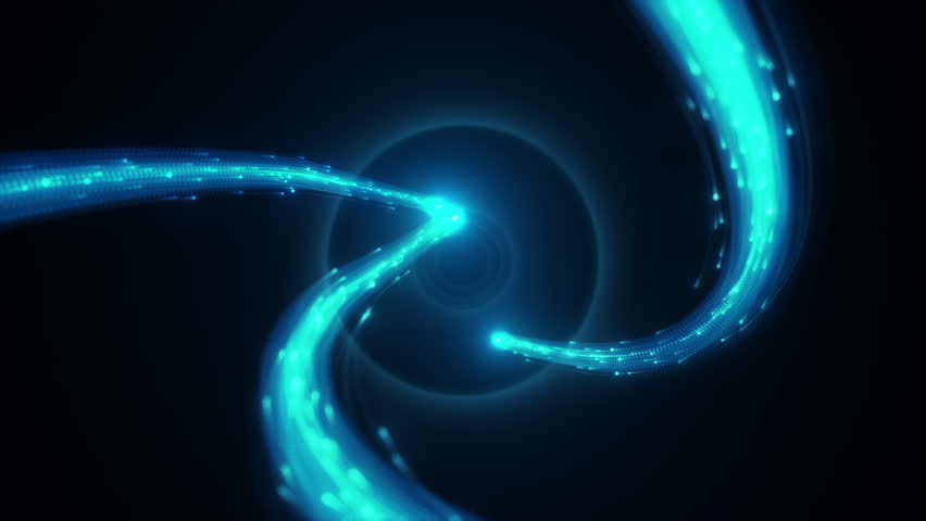 4k Three blue luminous particle rays surround, shuttle and converge, the sense of space shuttle, particle stripes flow. Glowing lines, background, streamline luminous blue light.