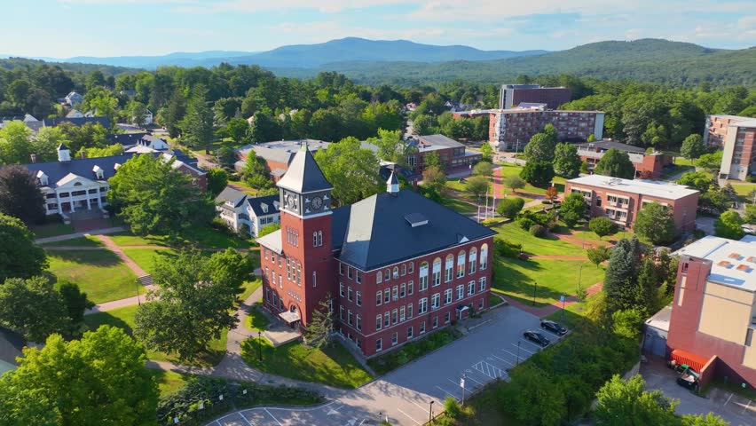 Rounds Hall aerial view in Plymouth State University in summer in historic town center of Plymouth, New Hampshire NH, USA. 
