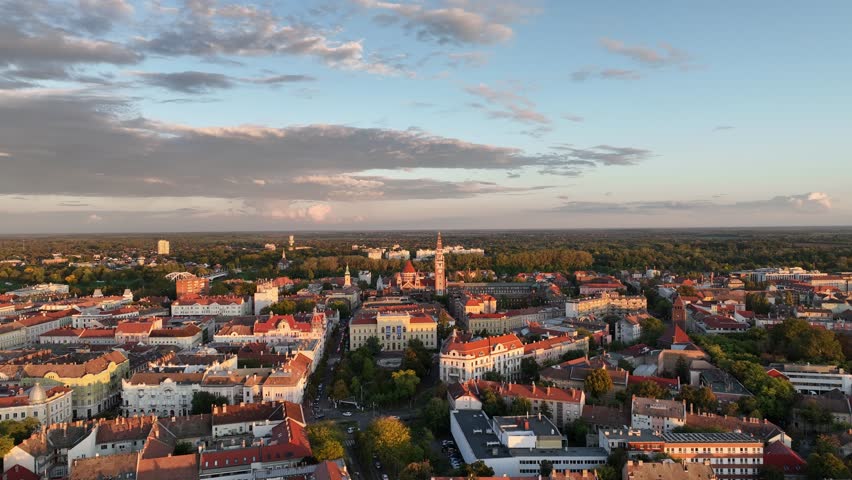 Cinematic aerial view from sunset at Szeged Hungary	
