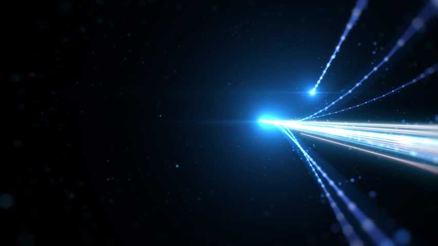 Several lines converge to the center while rotating. Then disappear into the starry sky. Blue particle light bands rotate and converge. 4k.