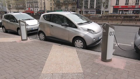 PARIS, FRANCE – APRIL 9th: Electric car on April 9th, 2012.  In December 2011 the Autolib car rental company introduced a fleet of electric rental cars to the streets of Paris.