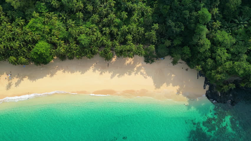 Top down drone shot above the Boi Beach, sunny day in Sao Tome and Principe