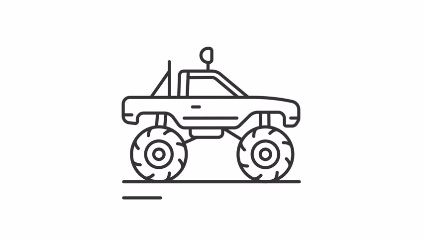 Animated monster truck icon. Big vehicle line animation. Shaking car, jumping. Extreme autosport. Moving ground. Black illustration on white background. HD video with alpha channel. Motion graphic