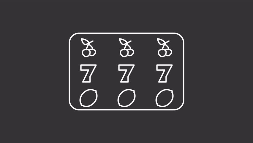 Animated slot machine screen white icon. Winning jackpot in casino line animation. Spinning gambling app with fortune. Isolated illustration on dark background. Transition alpha video. Motion graphic