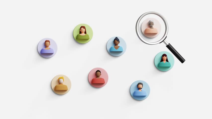 Human Resources concept. HR management, headhunting, job applicants, employee sourcing, applicant selection process. 3D magnifying glass searching for the ideal candidate. 4K 3D animation