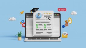 Employee searching and recruitment concept. Human resources, digital hiring process, job vacancy, talent acquisition. A magnifying glass examining a job resume on a laptop. 4K 3D animation - Powered by Shutterstock - Get 15% off with code: PIKWIZARD15