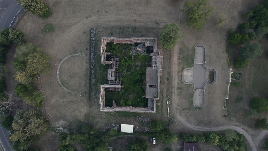 Ruins of Cantacuzino Palace, Petit Trianon of Floresti, Romania,seen from above with zoom in, drone footage