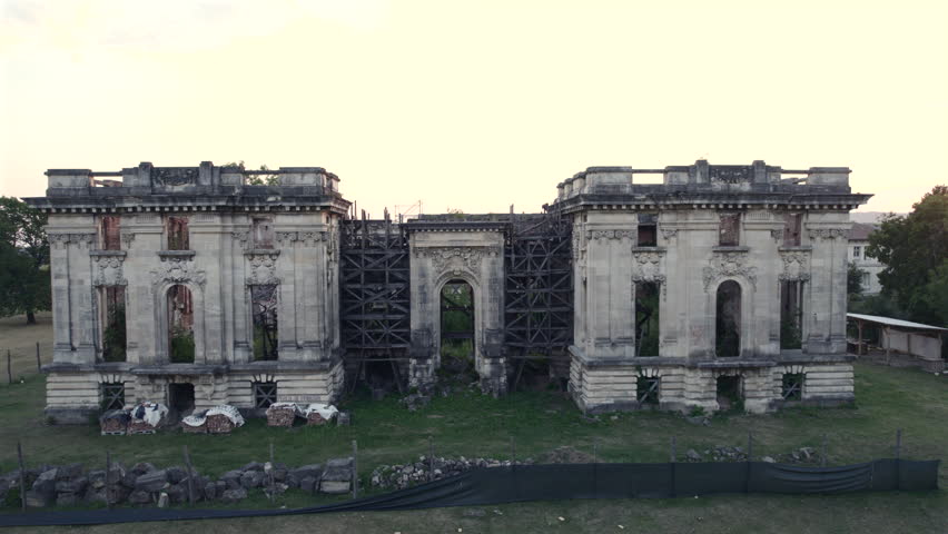 Ruins of Cantacuzino Palace, Petit Trianon of Floresti, Romania, rear entrance, drone footage