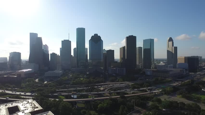 Mid-morning shot of Downtown Houston and highways in Harris County, TX U.S.