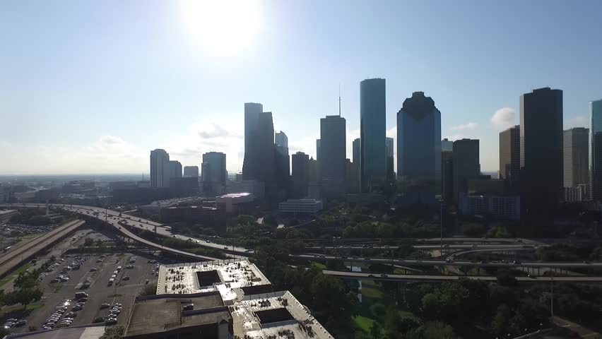Morning shot of Houston highways with Downtown in background, TX United States