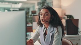 Woman, video call and laughing with headset by computer for virtual meeting, online consultation or funny client query. Night, friendly financial advisor and customer service for portfolio management - Powered by Shutterstock - Get 15% off with code: PIKWIZARD15