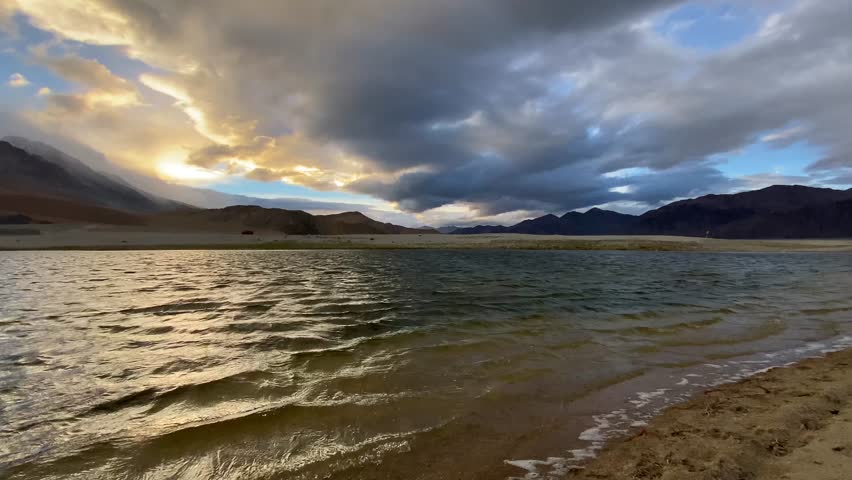 Beautiful landscape with mountains at Pangong Tso, or Pangong Lake, near Merak village in the evening, situated on the border with India and China, Leh, Ladakh, India. 