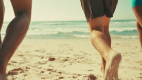 Legs, friends and run with fun on beach for travel reunion, social gathering and morning journey. Closeup, people feet and playful for race game of summer vacation, ocean getaway and bonding together - Powered by Shutterstock - Get 15% off with code: PIKWIZARD15