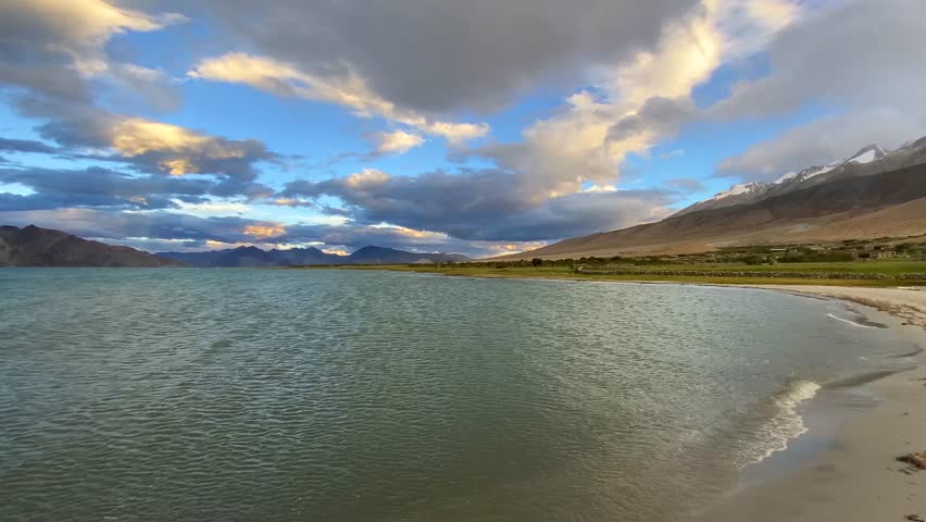 Beautiful landscape with mountains at Pangong Tso, or Pangong Lake, near Merak village in the evening, situated on the border with India and China, Leh, Ladakh, India. 