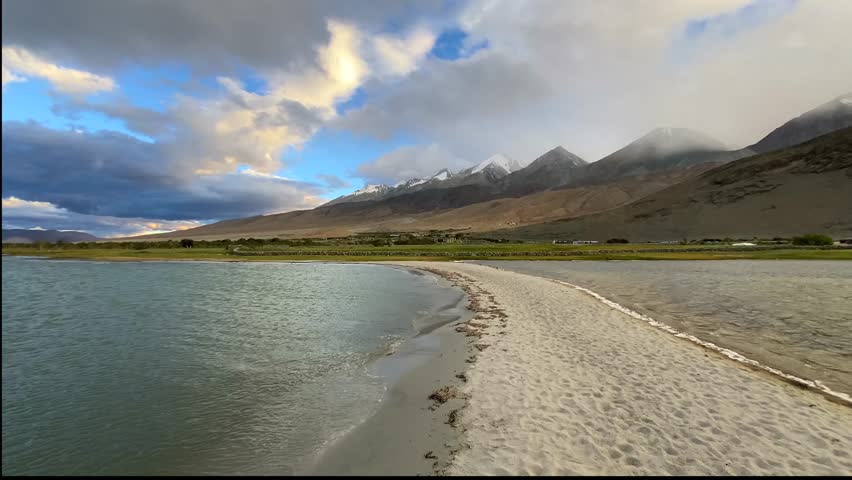 Beautiful landscape with mountains at Pangong Tso, or Pangong Lake, near Merak village in the evening, situated on the border with India and China, Leh, Ladakh, India. 