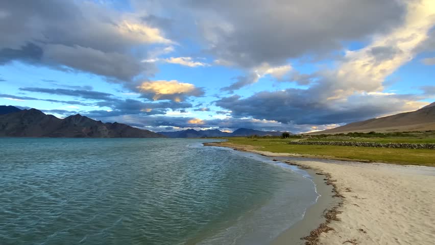 Beautiful landscape with mountains at Pangong Tso, or Pangong Lake, near Merak village in the evening, situated on the border with India and China, Leh, Ladakh, India. 