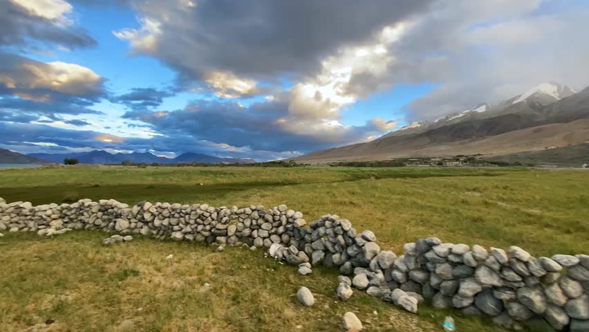 Beautiful landscape with mountains at Pangong Tso, or Pangong Lake, near Merak village in the evening, situated on the border with India and China, Leh, Ladakh, India. 