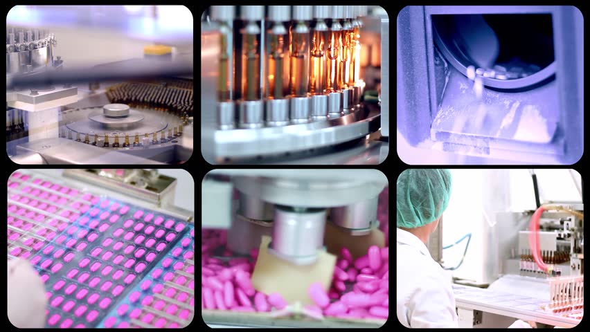 Pharmaceutical Manufacturing - Split Screen Video Montage. Pharmaceutical Industry Workers. Drug Manufacturing. Medical Ampoules on the Production Line. The Development of New Medicines.