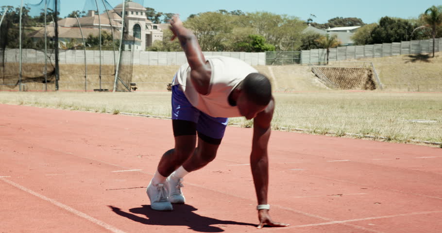 Black man, sprint and fast on track, race and fitness at stadium with training for motion blur in summer. Person, athlete and outdoor with running, speed and workout for development in Jamaica