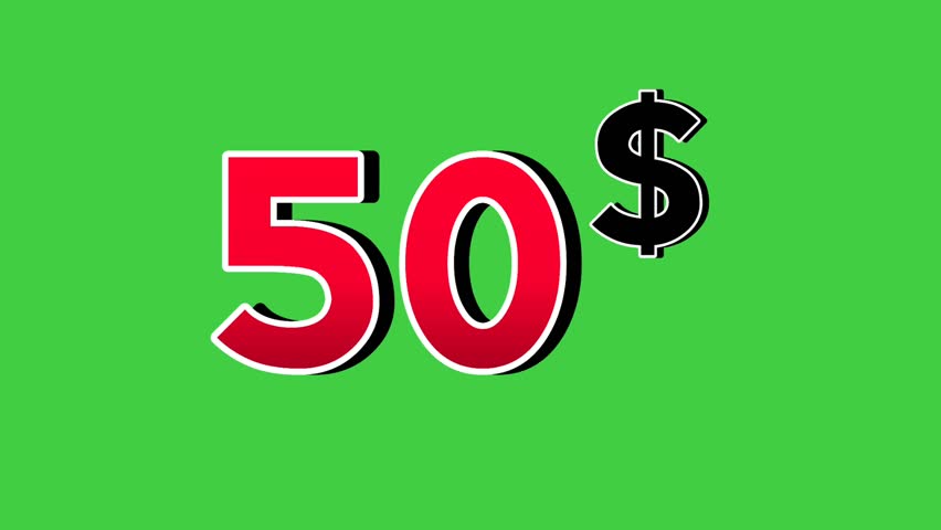 50 dollars price tag animation motion graphics green screen background.dollars reveal on smooke for wholesale or black Friday event business concept video element