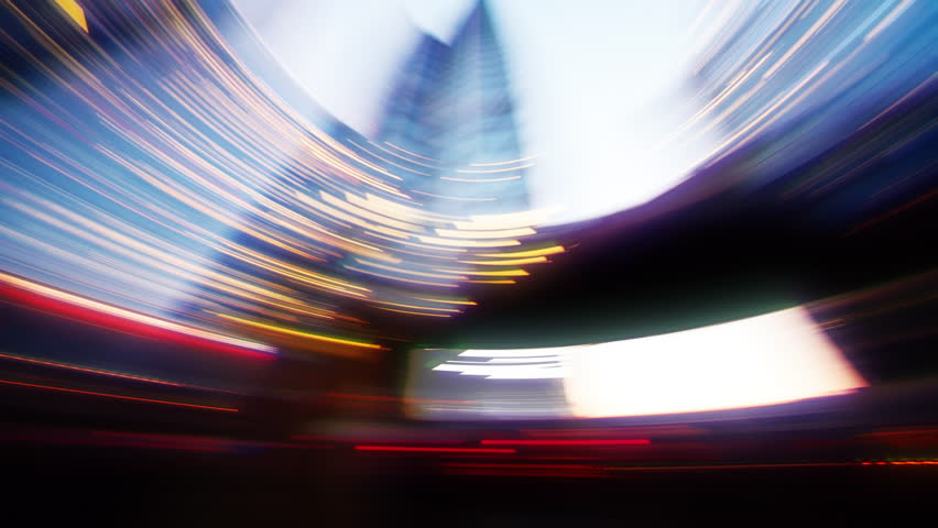 Timelapse flickering light trails. Blurry colorful city streak lights, long exposure rotating camera street illumination. Motion blur skyscrapers glowing windows transforming into lines strobe effect