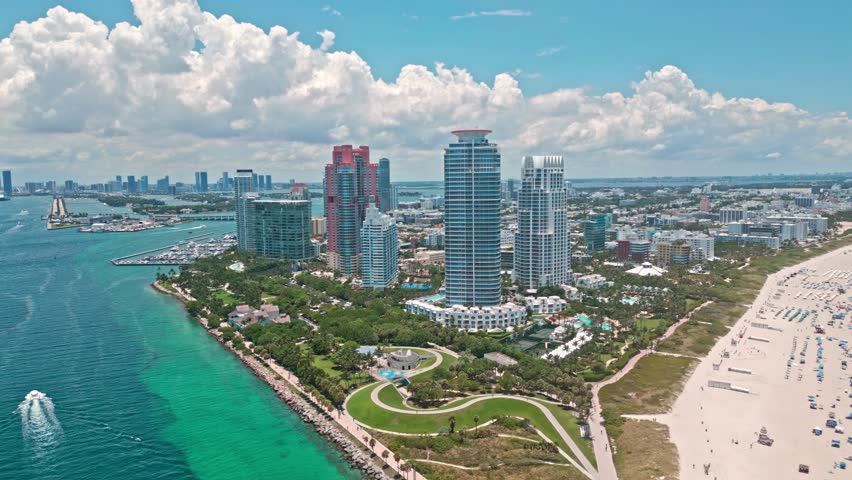 Miami Beach, South Beach. Miami Beach skyline. Miami cityscape, aerial view. Top view of Miami coastline, shore, waterfront near ocean. Luxury travel in USA. Ocean turquoise beach.