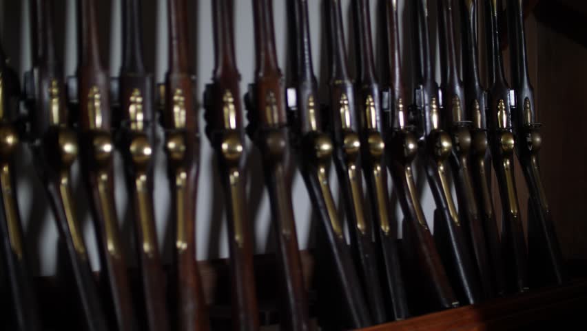 A close-up view of a row of Mosin-Nagants (the 3-line rifle M1891)
